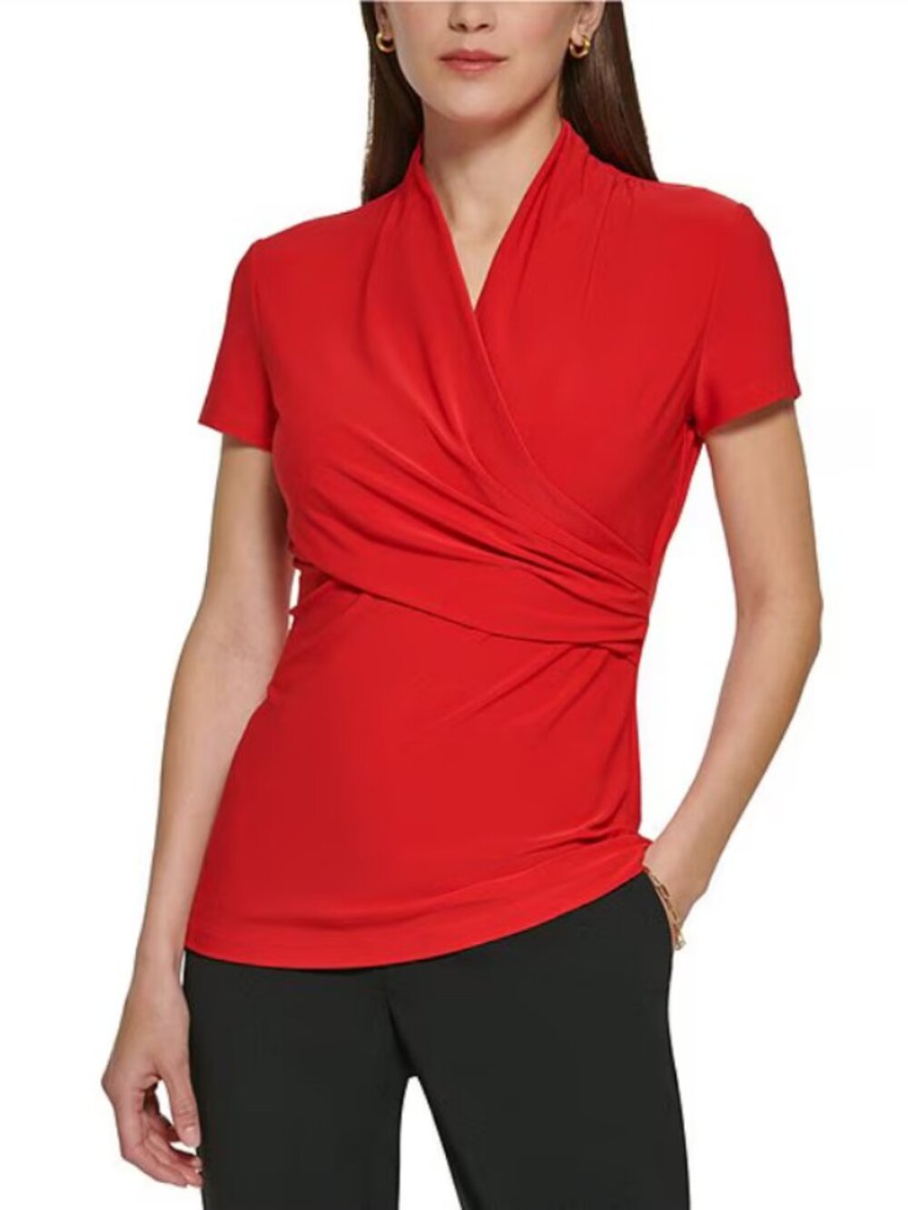 NWT DKNY Faux Wrap Draped Top Medium Red Short Sleeve Stretch Jersey Mock Neck